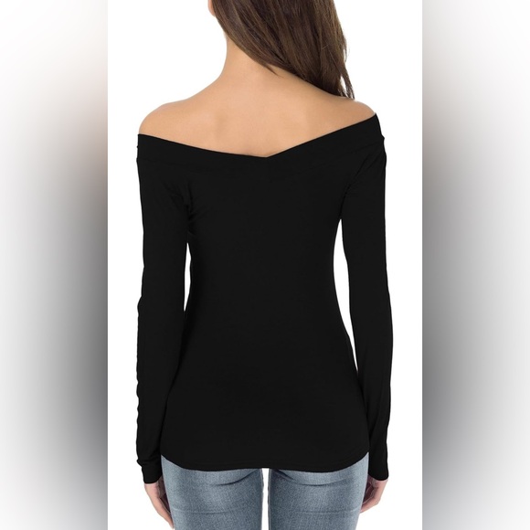 Sarin Mathews Off The Shoulder Top Sexy V Neck Slim Fit Shirt Solid Black Size L - Picture 3 of 6